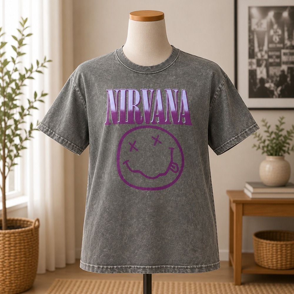Nirvana Smiley Face Graphic T-Shirt Charcoal Gray Mineral Wash Purple Large‎